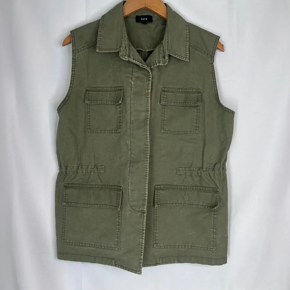 Fate Army Green Sleeveless Utility Vest Button Up Drawstring Waist Size Medium - Picture 8 of 9